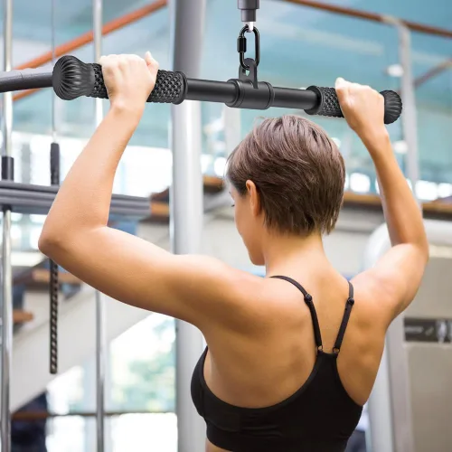 Vista 2 de SELEWARE Accesorios de máquinas de cable de barra recta giratoria para gimnasio, barra de tracción barra de presión con mango de goma