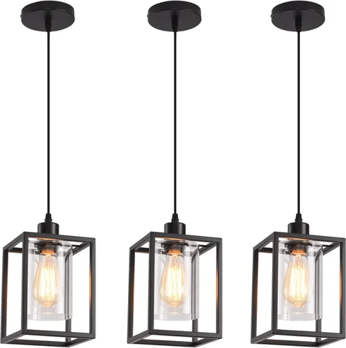 Vista 8 de Luces colgantes negras para isla de cocina, lámpara colgante de farol industrial con pantalla de vidrio transparente, iluminación colgante de altura