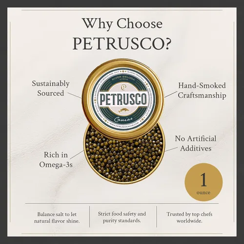 Vista 7 de PETRUSCO River Beluga Hybrid - Caviar negro de alta calidad - Huevas de pescado de esturión gourmet frescas en una lata de metal sellada, 30 g