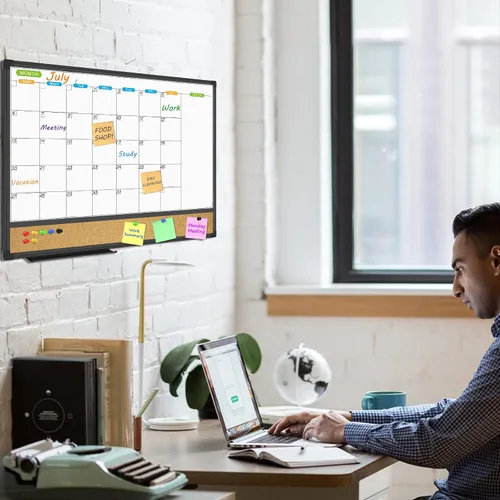 Vista 5 de JILoffice Calendario magnético con combinación de pizarra blanca y tablero de corchos de anuncios, tablero combinado de 24 x 18 pulgadas, marco
