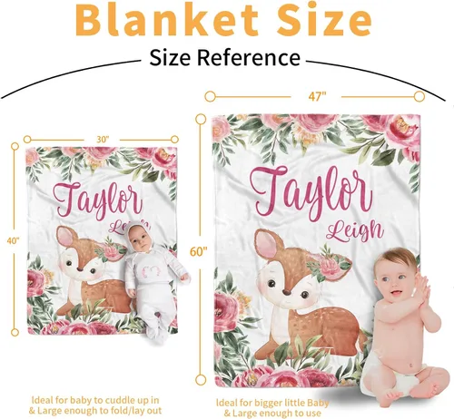 Vista 7 de Manta de bebé personalizada, manta de felpa suave con respaldo de puntos de doble capa para niños y niñas, nombre personalizado con diseño de animal