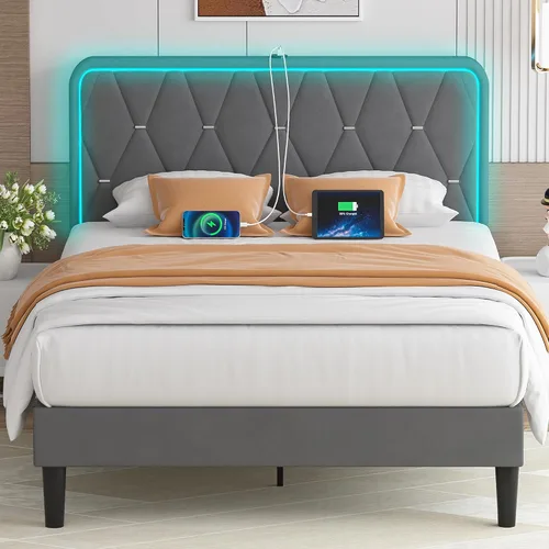 Vista 9 de VECELO Base de cama individual tapizada con cabecera ajustable, plataforma de terciopelo con luces LED, estación de carga, base de colchón