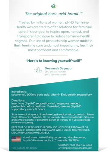 Vista 7 de pH-D Apoyo para la Salud Femenina - Supositorio Hidratante de Ácido Bórico - Propiedad de Mujeres - para el Olor Vaginal - Libre de Parabenos y Sin
