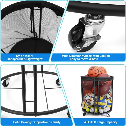 Vista 4 de Ball Storage Bin for Garage, Balls Holder for Soccer, Basketball, Ball Cart, Rolling Basketball Rack for Outdoor, Indoor