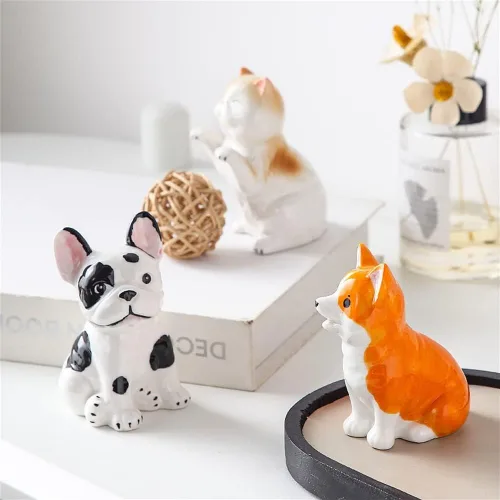 Vista 2 de Figuras de porcelana para mascotas, mini decoración de animales, escultura de perro y gato, adornos de mesa para estantes de gabinete, chimenea