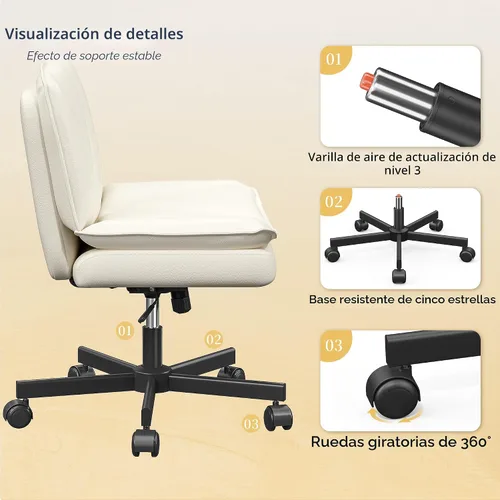 Vista 8 de DurayLoly Silla Criss Cross con Ruedas, Silla de Oficina con Patas Cruzadas con 2 Capas de Cuero Comfty & Back, Silla de Tocador Ancha sin Brazos