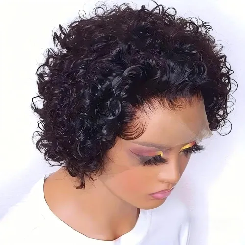 Vista 2 de Pelucas de corte Pixie, pelucas rizadas con encaje frontal para mujeres negras, pelucas de cabello humano corto, pelucas de cabello humano