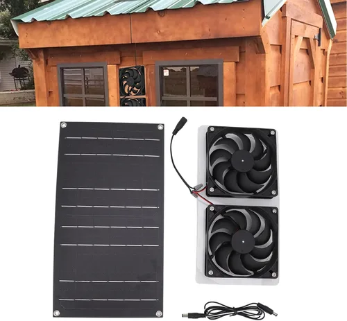 Vista 4 de Kit de ventiladores de panel solar, 100 W 12 V alimentado por energía solar, ventilador doble impermeable, ventilador de escape de bajo ruido