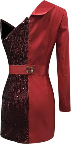 Vista 5 de BONIXOOM Vestido de fiesta sexy de lentejuelas para mujer con hombros descubiertos mini vestido de noche de manga larga con retazos