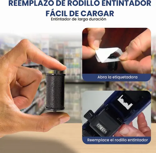 Vista 5 de Perco Rollo de tinta para pistolas Perco Pro (1 y 2 líneas) de precio y fecha, paquete de 4 tintas de repuesto, impresiones fáciles de cargar