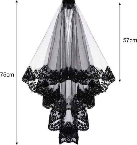 Vista 2 de choyaxo Velo de novia de encaje negro, velo de novia de encaje floral, velo de Halloween con peine y guantes cortos de encaje negro para mujeres