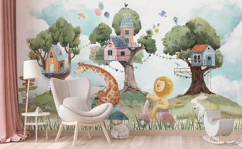 Vista 3 de Papel tapiz infantil con diseño de animales del bosque con casa del árbol