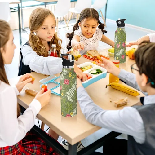 Vista 6 de Botella de agua para niños, para la escuela, a prueba de fugas, para niños y niñas, 20 onzas, sin BPA, flores botánicas vintage verde