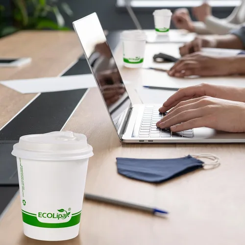 Vista 7 de ECOLipak 200 tazas de café de papel compostables de 8 onzas, tazas de café desechables biodegradables con tapa CPLA, tazas de bebida caliente 8 oz