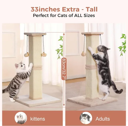 Vista 5 de Poste rascador grande para gatos con base resistente, poste rascador cuadrado resistente de sisal de 33 pulgadas y 2 bolas interactivas para colgar