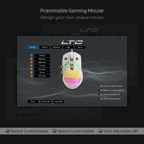 Vista 4 de LTC Circle Pit HM-001 RGB - Mouse para juegos con carcasa ligera de panal de abeja 6400 DPI 6 botones programables color blanco