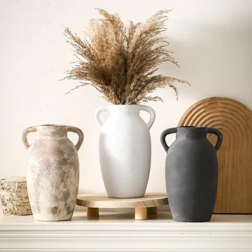 Vista 6 de Jarrón de cerámica de granja con 2 asas, jarrón decorativo boho para decoración del hogar, sala de estar, entrada, mesa, decoración de estante, 24 cm