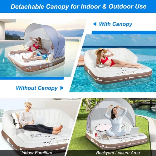 Vista 6 de Goplus Isla de toldo inflable, flotador de piscina de bronceado de 73 pulgadas con toldo retráctil y extraíble, SPF50+, 3 almohadas cómodas, carga