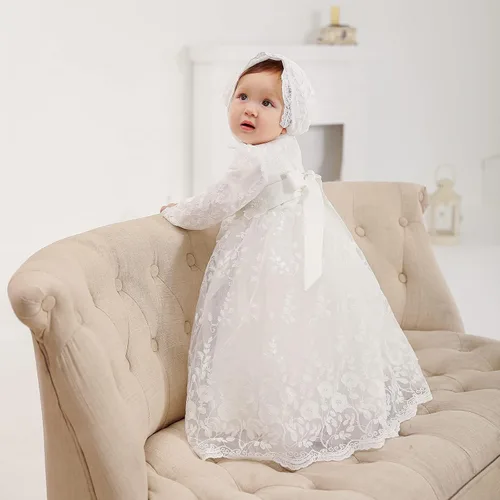 Vista 5 de Vestido de bautismo para niña, 3 piezas, bordado, formal, para fiesta, boda