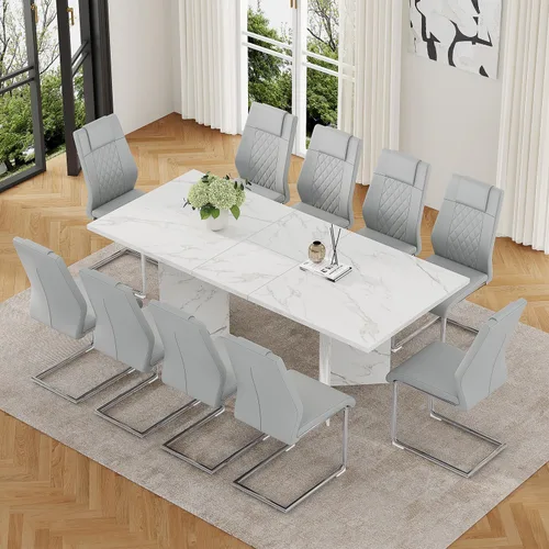 Vista 9 de Juego de mesa de comedor extensible de 63 a 79 pulgadas para 4, juego de mesa de cocina de mármol sintético blanco para 4, juego de mesa de comedor