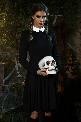 Vista 5 de For G and PL - Vestido de Halloween acampanado y con cuello de Peter Pan para mujer, Merlina Addams