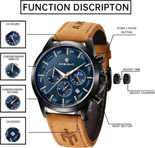 Vista 3 de AKNIGHT Men Watch Watch for Men Waterproof Stainless Steel Chronograph Quartz Analog Fashion Business Minimalist Sport Work Wrist Watches, Easy Read