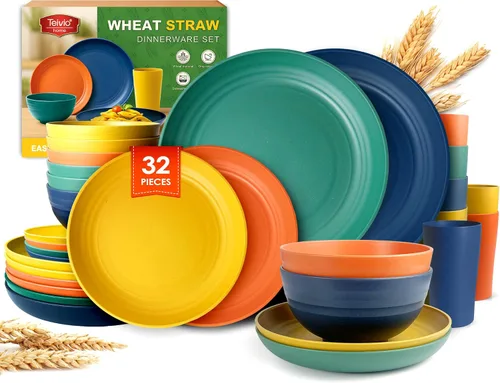 Vista 26 de Teivio Juego de vajilla de plástico de paja de trigo de 32 piezas para cocina, servicio para 8, platos, cuencos y tazas irrompibles, vajilla