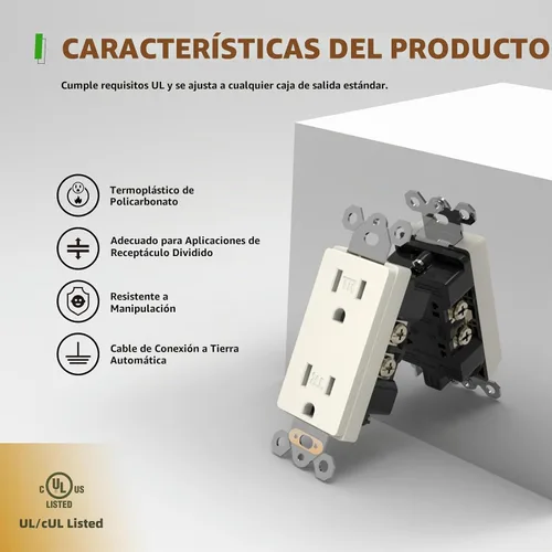 Vista 2 de TOPELER Paquete de 10 tomas decorativas, enchufes de pared estándar resistentes a manipulaciones de 15A 125V, autoconexión a tierra, 2 polos, 3