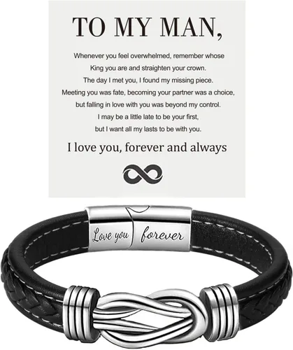 Vista 10 de Pulsera de cuero con texto en inglés "To My Man", regalo para marido de parte de WifeI Love You Forever and Always Pulseras para novio, aniversario