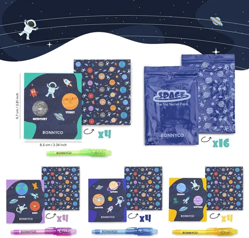 Vista 5 de BONNYCO Paquete de bolígrafo y cuaderno de tinta invisible, 16 recuerdos de fiesta espacial. Recuerdos de fiesta temática espacial para niños