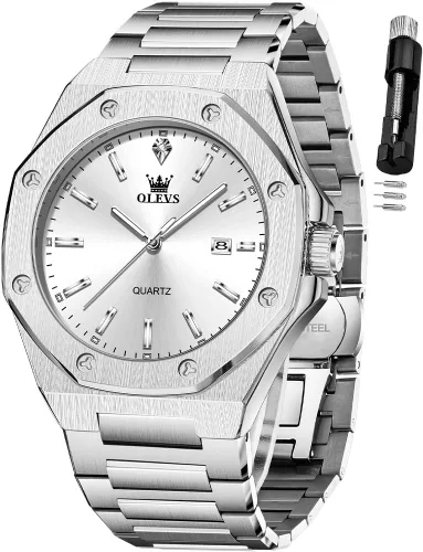 Vista 9 de OLEVS - Relojes de acero inoxidable para hombre, reloj de negocios y vestir de gran tamaño, fácil de leer, analógico, impermeable, luminoso, casual