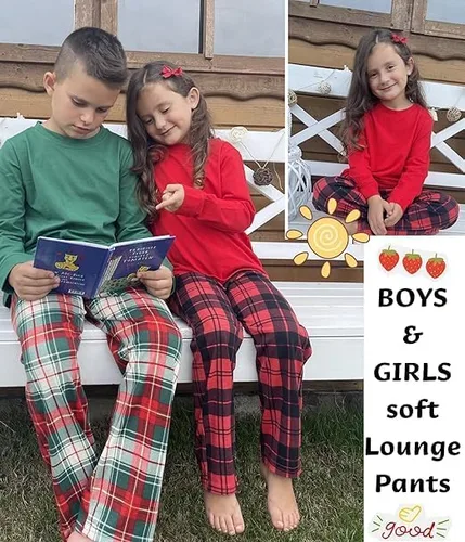 Vista 6 de Ekouaer -Pantalones de pijama para niños, pantalones largos para dormir, cintura elástica, pantalones de pijama a cuadros con 2 bolsillos, de 4 a 14