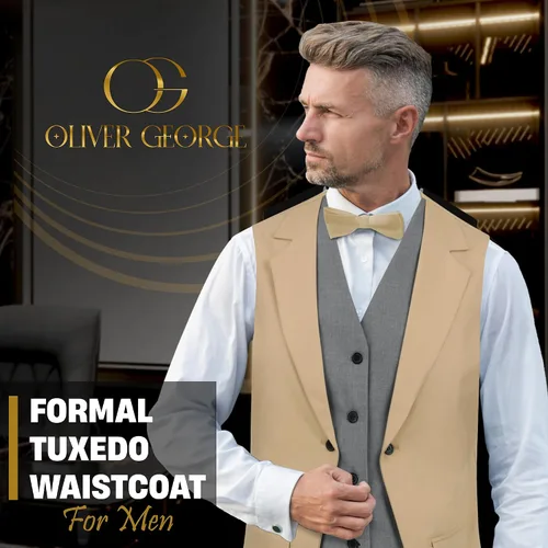 Vista 33 de Oliver George Chaleco formal de esmoquin en capas para hombre, chaleco de traje de negocios