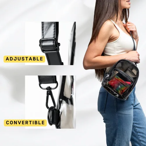 Vista 6 de OTW ONTHEWAE - Mini mochila antirrobo, color negro, transparente, pequeña, con correas convertibles, cruzadas para raves, estadios, festivales