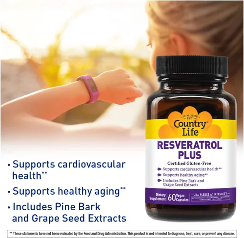 Vista 3 de Country Life Resveratrol Plus 1000mg - Suplemento antioxidante orgánico con corteza de pino y extractos de semillas de uva, vegano, sin gluten, sin