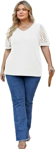 Vista 5 de OLRIK Plus Size Tops for Women Summer Blouse Waffle Knit Short Lace Sleeve Shirts