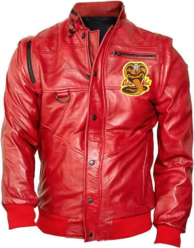 Vista 3 de La-Mejor Johnny Lawrence Cobra-Kai - Chaqueta bomber de cuero rojo para hombre, icónica chaqueta de karate para niños de los años 80