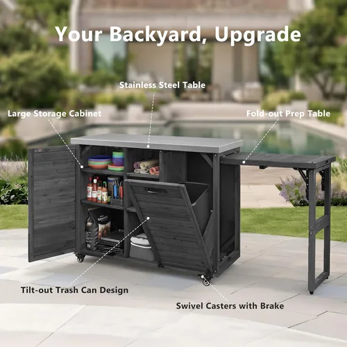 Vista 9 de JIVOIT Isla de cocina al aire libre de 78.3 pulgadas con mesa plegable, carrito de madera para exteriores con almacenamiento de basura y parte