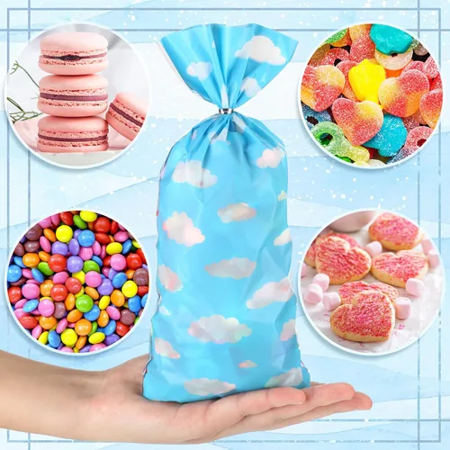 Vista 4 de Outus 100 bolsas de regalo para fiesta de juguete, cielo azul, nubes blancas, bolsas de regalo de cielo azul con lazos giratorios para niños