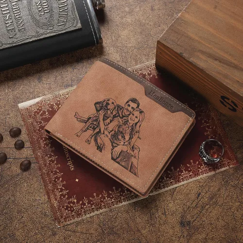 Vista 3 de Cartera personalizada con foto e iniciales de nombre para hombres, regalos personalizados para marido, novio, papá, hijo, familia, padrinos, amigo