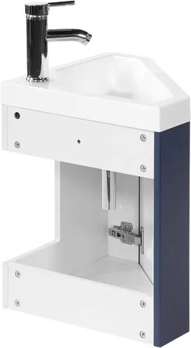 Vista 7 de Juego de tocador de baño de esquina flotante de 22 pulgadas para espacio pequeño montado en la pared, diseño de resina para lavabo, grifo cromado