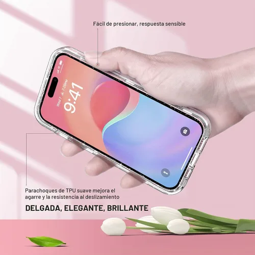 Vista 8 de ULAK - Funda compatible con iPhone 15 Plus, transparente, con purpurina a brillo claro