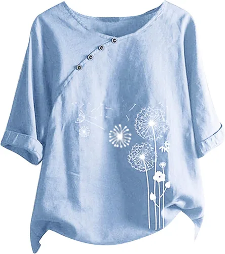 Vista 4 de DASAYO Blusas casuales de algodón y lino para mujer, con manga de codo, cuello redondo, blusas casuales, de gasa, a la moda, para salir