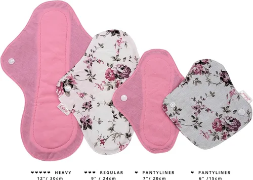 Vista 2 de Lilind Paquete de 12 almohadillas de tela orgánica en flores vintage con bolsa húmeda, juego de iniciación jumbo, servilletas sanitarias menstruales