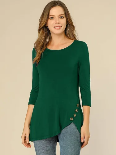 Vista 4 de Allegra K Blusa tipo túnica elástica casual con cuello redondo y manga 34 para mujer