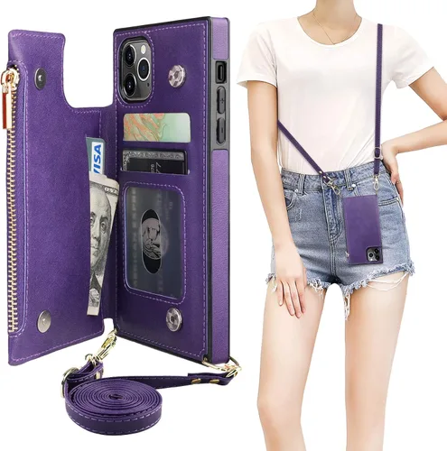 Vista 13 de Bocasal Funda tipo cartera cruzada para iPhone 11 Pro con tarjetero, protector de ranura para tarjetas con cremallera, a prueba de golpes, con Negro