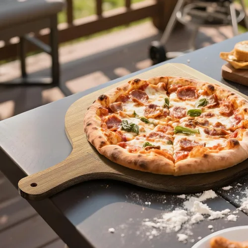 Vista 5 de G.a HOMEFAVOR Pala de pizza de madera de acacia, paleta de pizza de 12 x 14 pulgadas con mango de madera, espátula de pizza para hornear