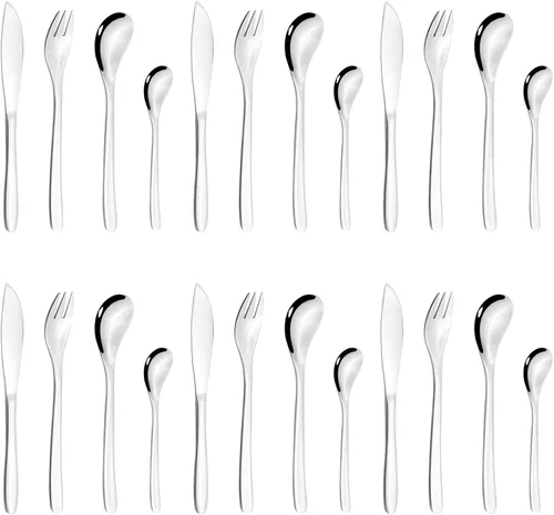 Vista 12 de JASHII Juego de cubiertos de acero inoxidable 304 de 24 piezas de cubiertos plateados de lujo con mango plano único, cucharadas y tenedores