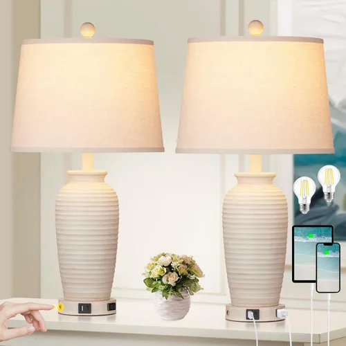 Vista 7 de CINSARY Juego de 2 lámparas de mesa de 24.3" estilo granja, lámparas de mesita de noche rústicas con control táctil de 3 vías con puertos USB A+C