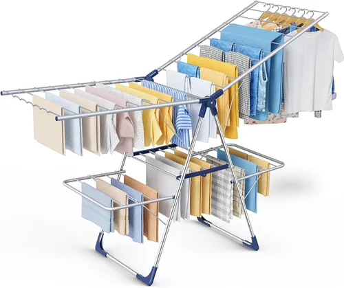 Vista 14 de Sakugi Escurridor de ropa, plegable de 2 niveles con alas ajustables en altura, para ropa y ropa de cama, estante independiente que ahorra espacio